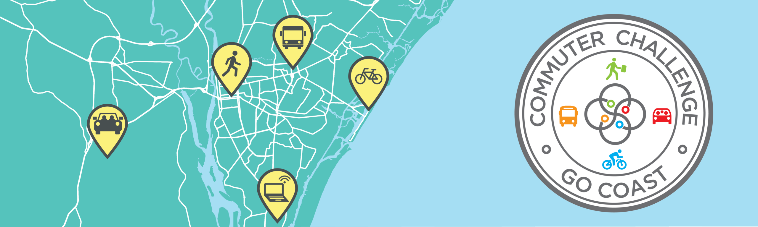 Graphic showing a map of the Wilmington urban area with map pins representing alternative transportation modes. On the right side is the Commuter Challenge logo.