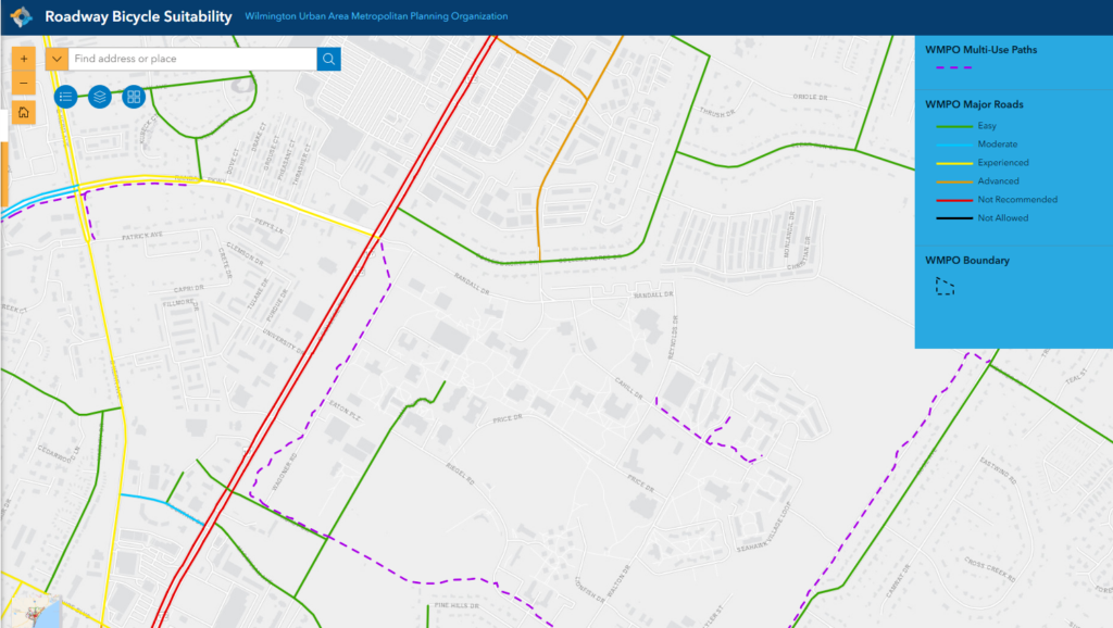 Screenshot of WMPO's bicycle suitability map with various colors indicating major roadways' status recommendations for bicycling.